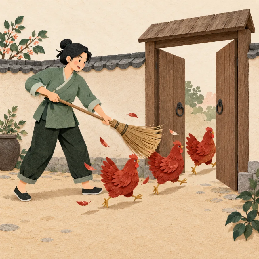 A person waves a broom as red chickens run out a gate.