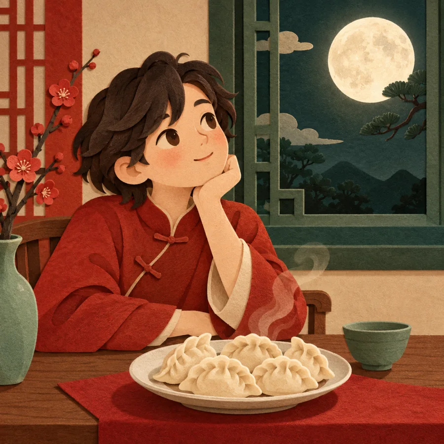 A dreamy person by a window with dumplings gazes at the moon.