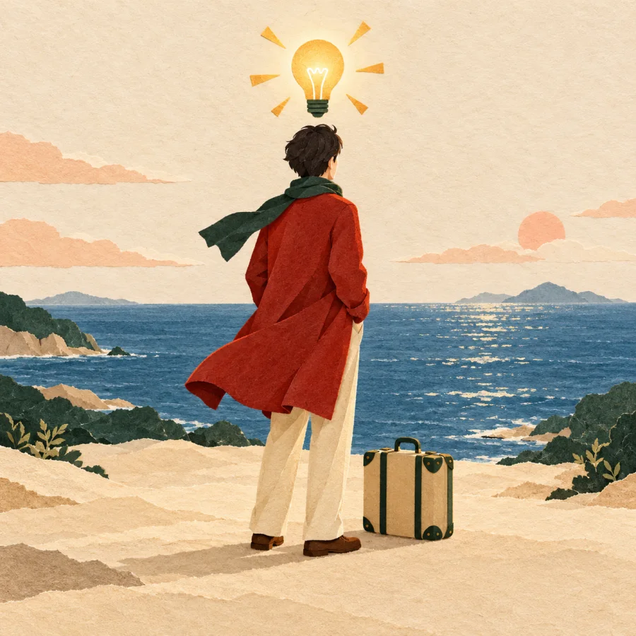 A person with a lit bulb overhead looks toward the sea.