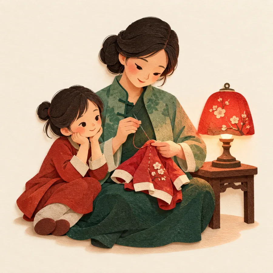 A mother sews by lamplight with a child beside her.