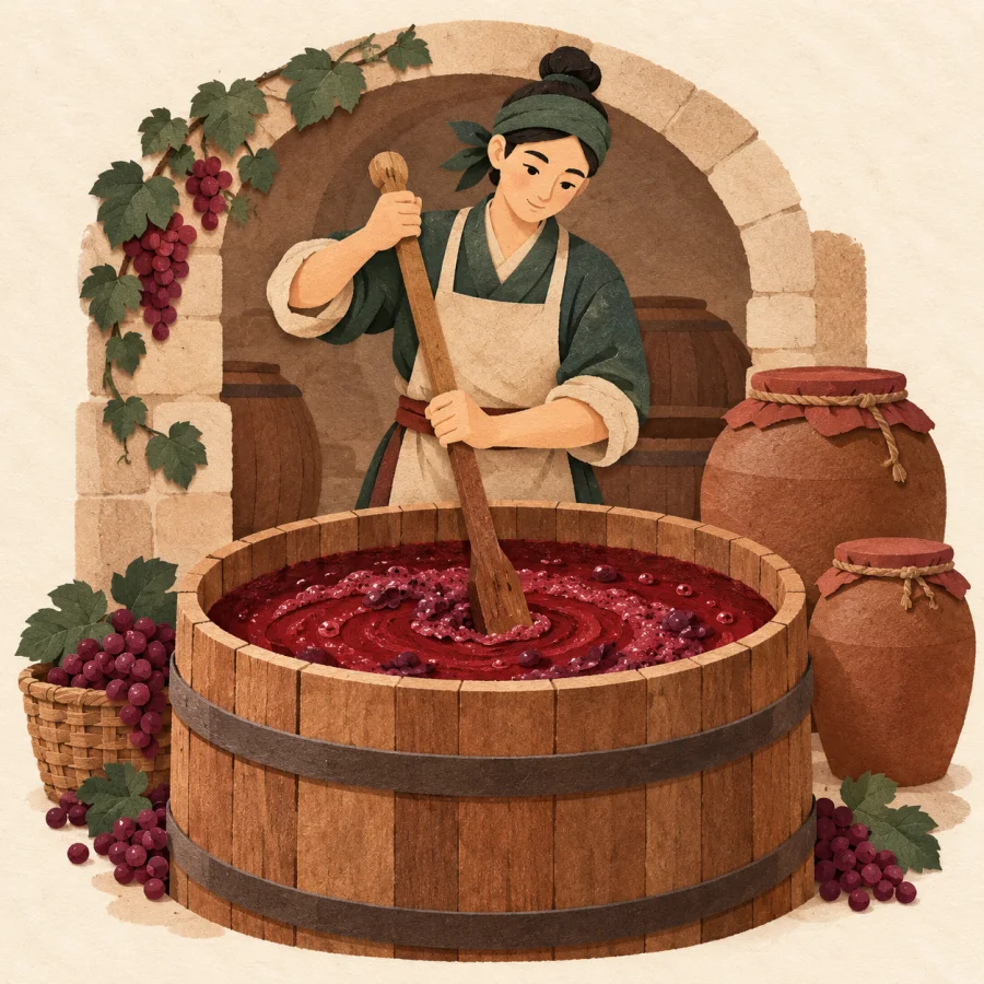 A person stirs a large vat of fermenting juice.