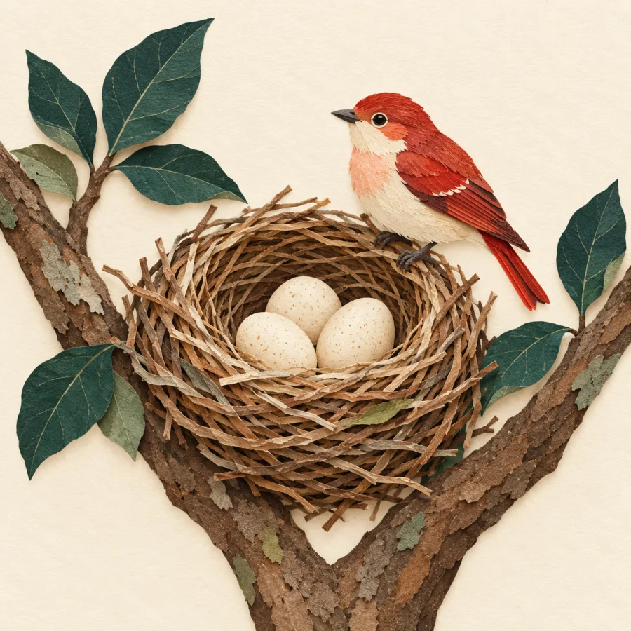 A twig nest with eggs and a small bird on its rim.