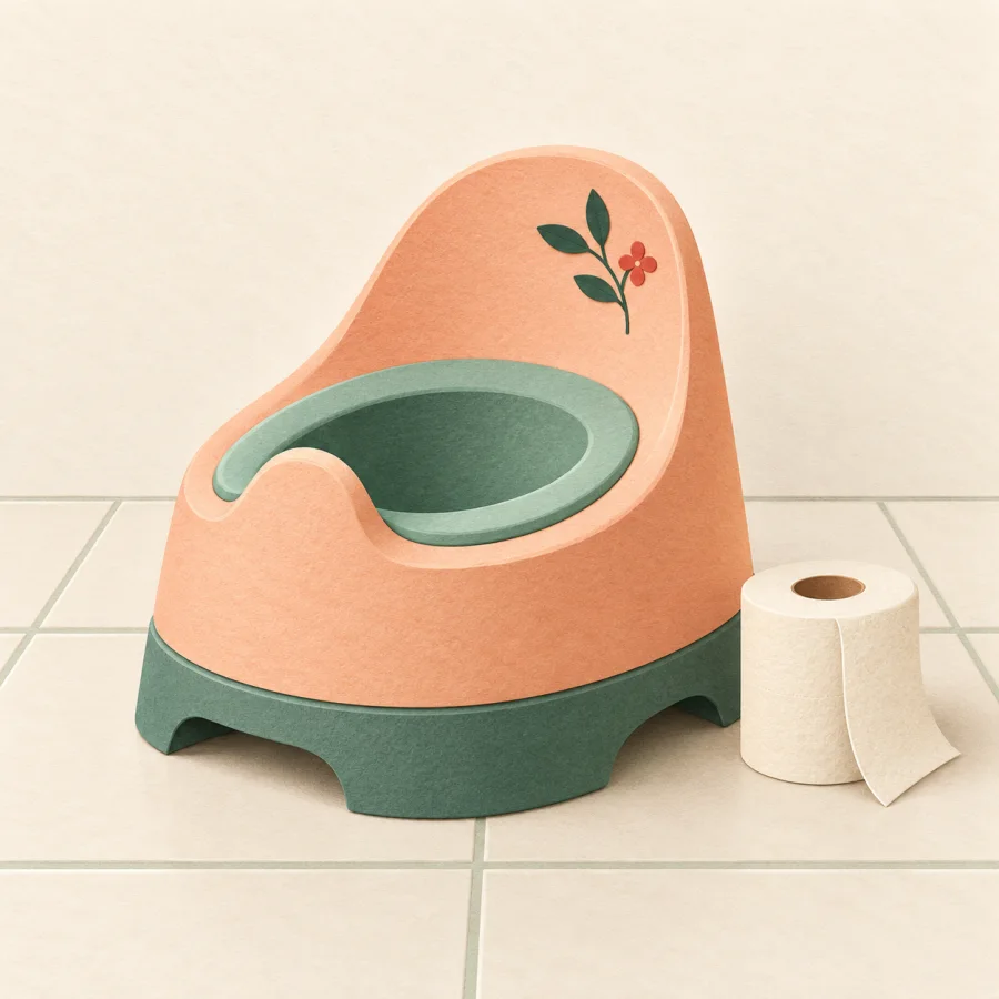 A child's potty on a tiled bathroom floor.