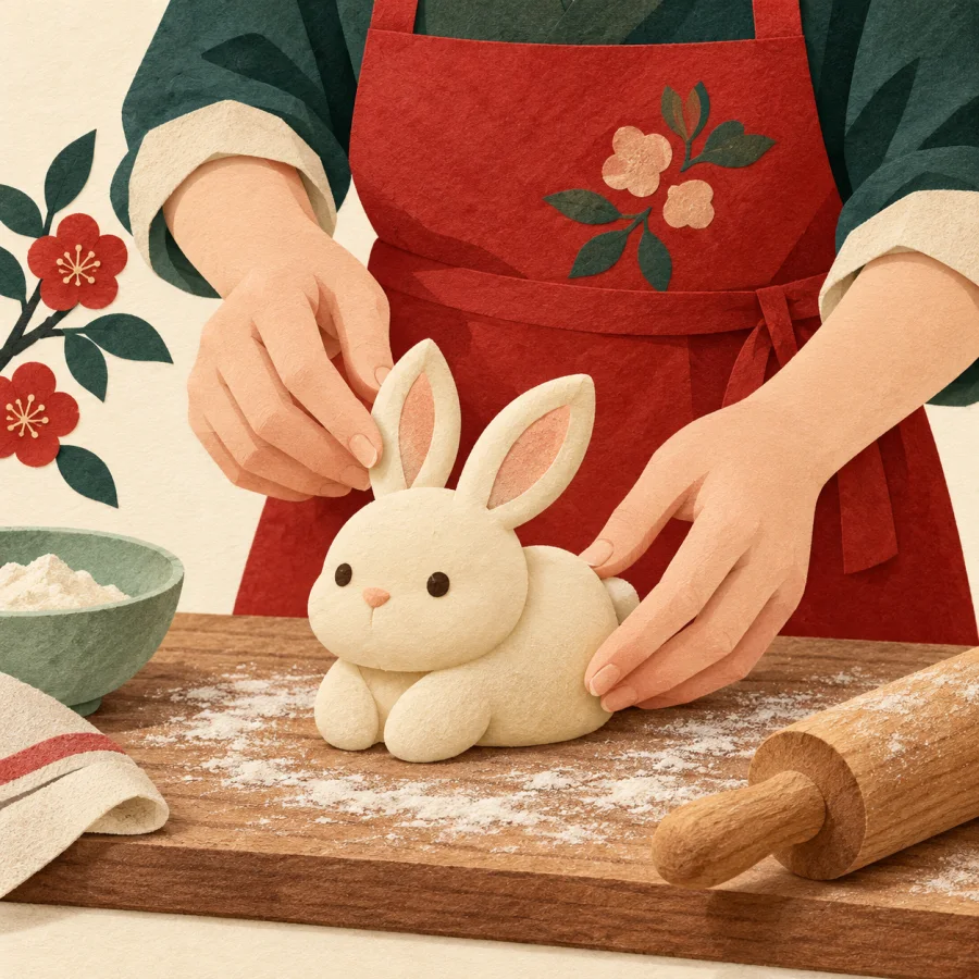 Hands shape a dough bunny on a board.