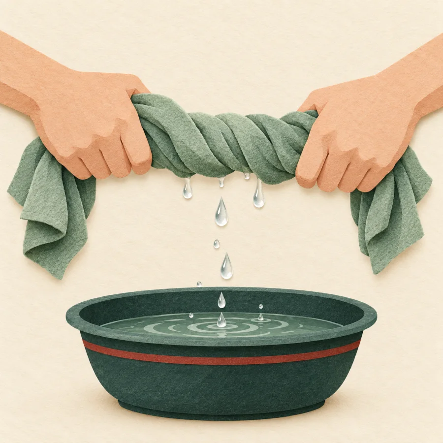 Hands wring out a wet towel over a basin.