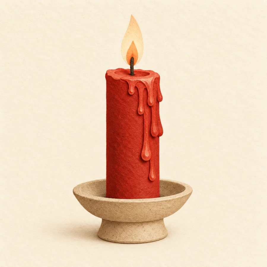 A red candle with hardened drips of wax.