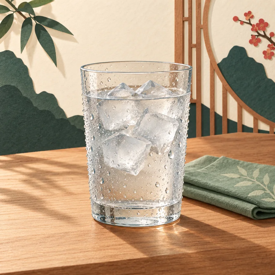 A glass of iced water with droplets on its outside.