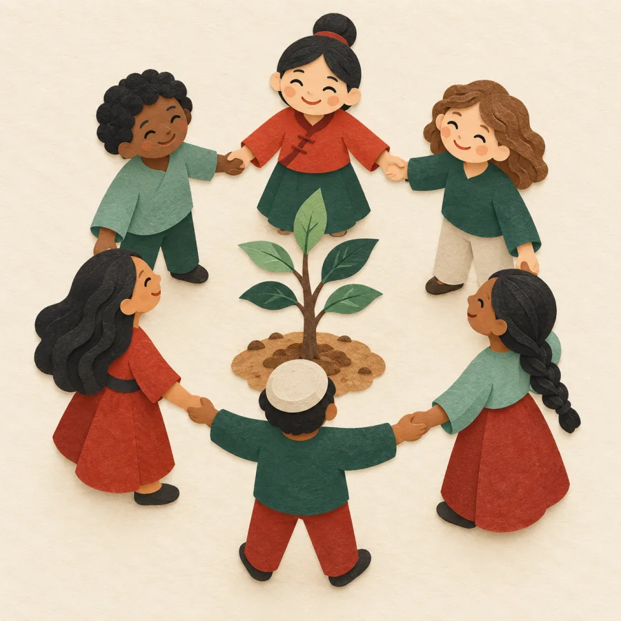 People hold hands in a circle around a sapling.
