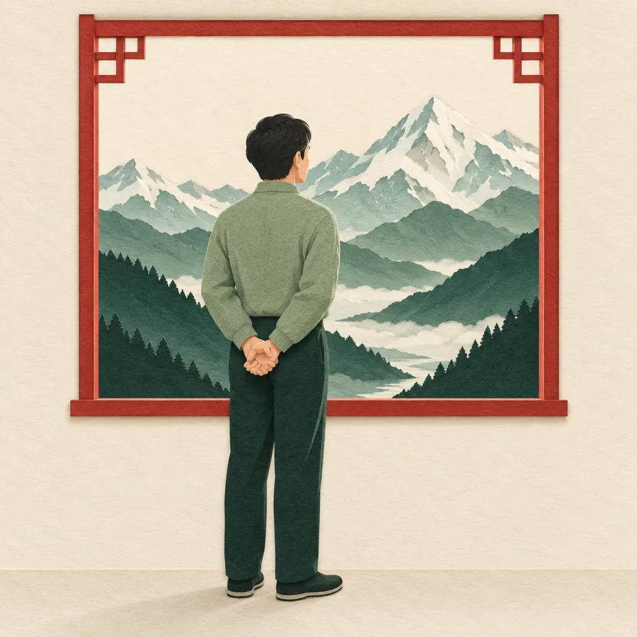 A person at a window stares at snowy mountains.
