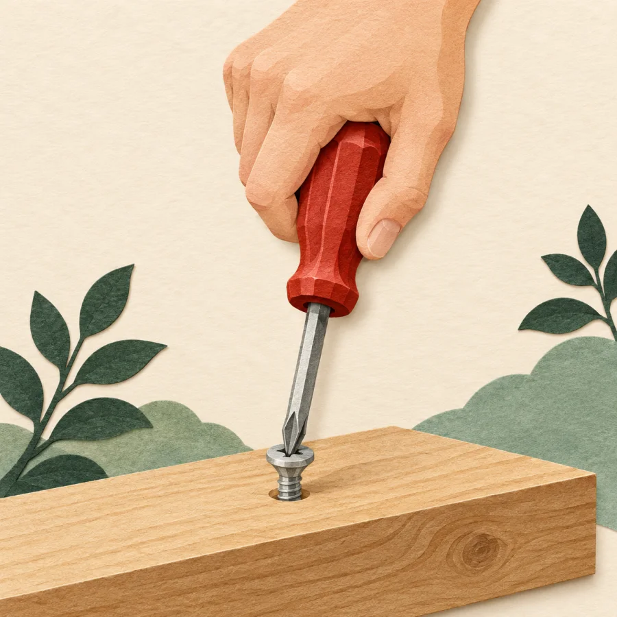 A hand screws a bolt into a wooden plank with a screwdriver.