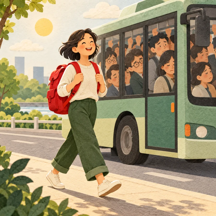 A person walks cheerfully past a packed bus.