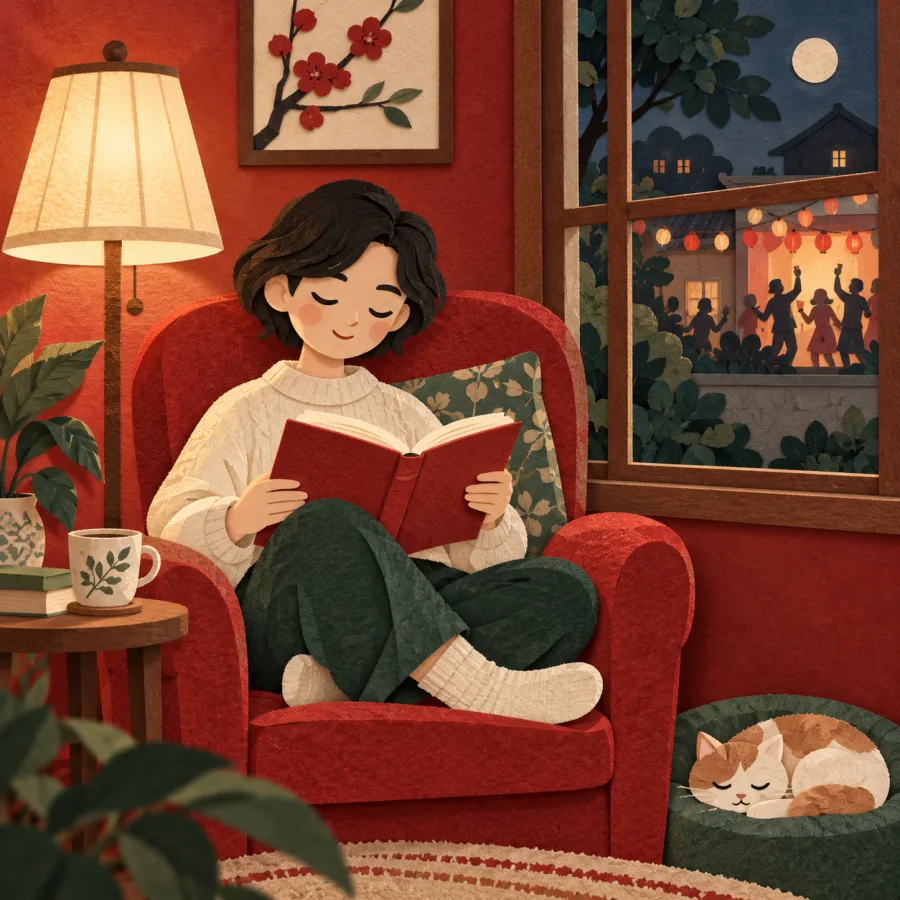 A person reads in an armchair while a party is outside.