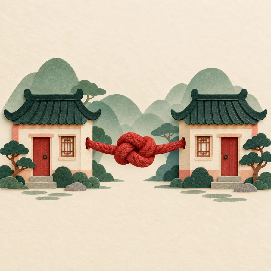 A thick red rope links two small houses across a gap.
