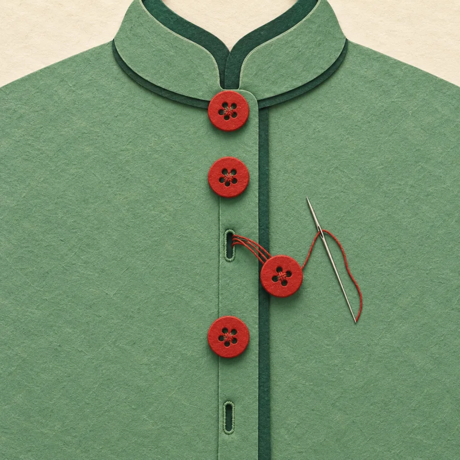 A row of red buttons on a green coat, one hanging by thread.