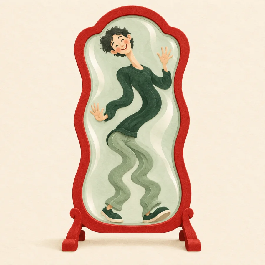 A funhouse mirror reflects a stretched, wavy person.