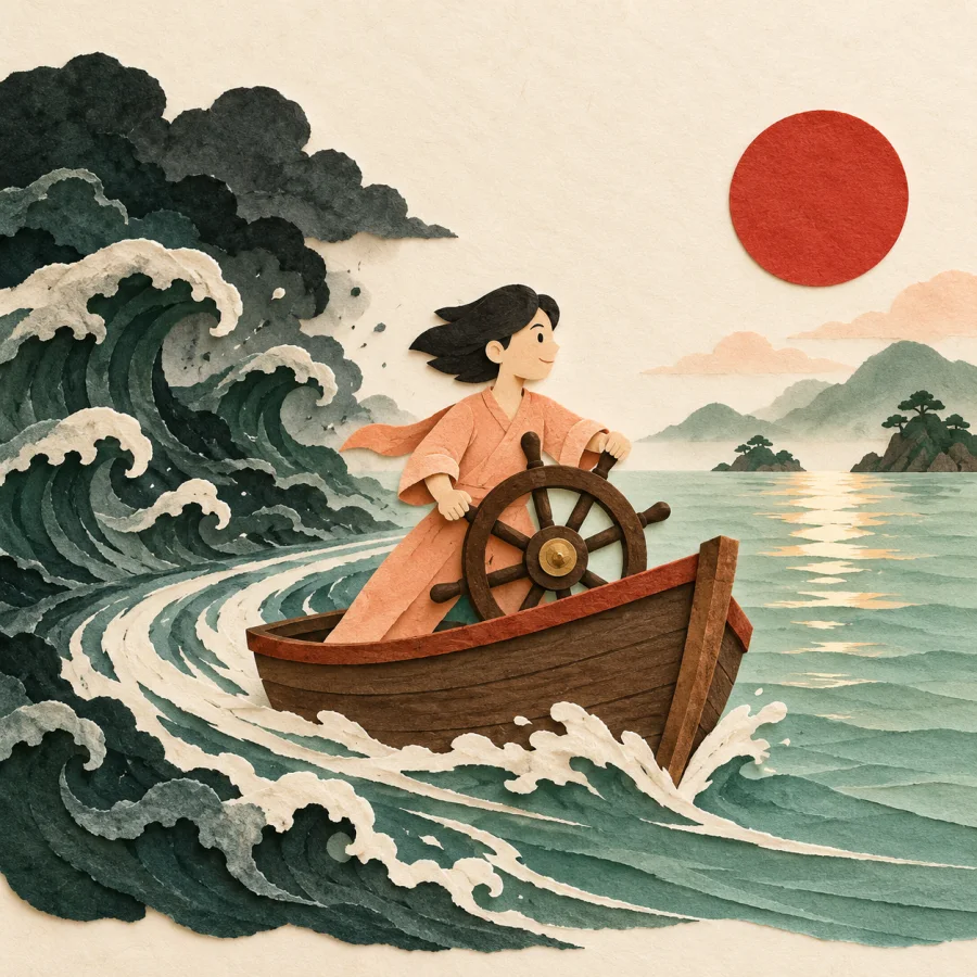 A person turns a wheel as a boat leaves the storm for sun.