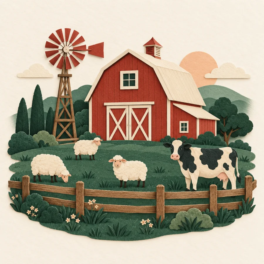 A red barn with a windmill, sheep and a cow in a field.
