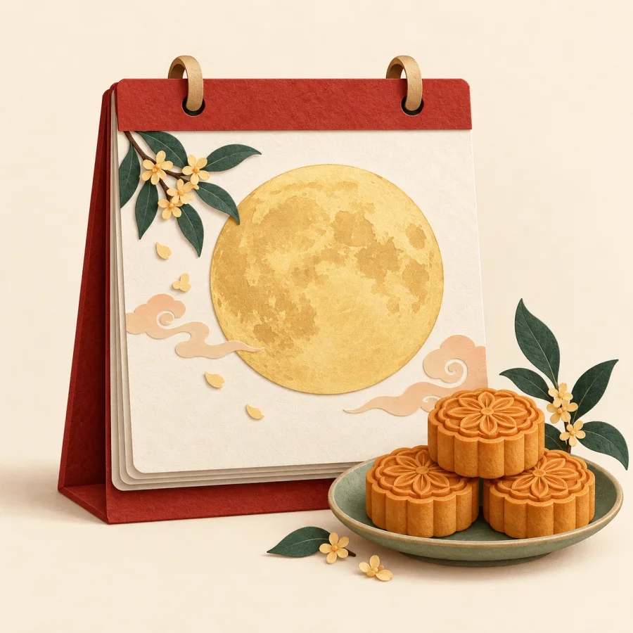A paper calendar with a full moon and a plate of mooncakes.