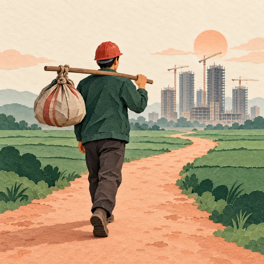A worker in a red hard hat walks toward new buildings.