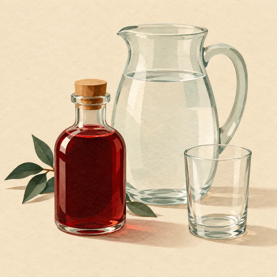 A small bottle of red syrup beside a big water jug.