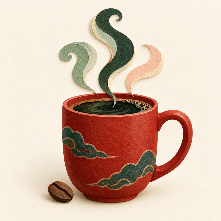 A coffee cup with curling swirls of aroma above it.