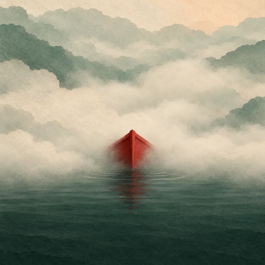 A boat with a red bow is wrapped in thick fog on a lake.