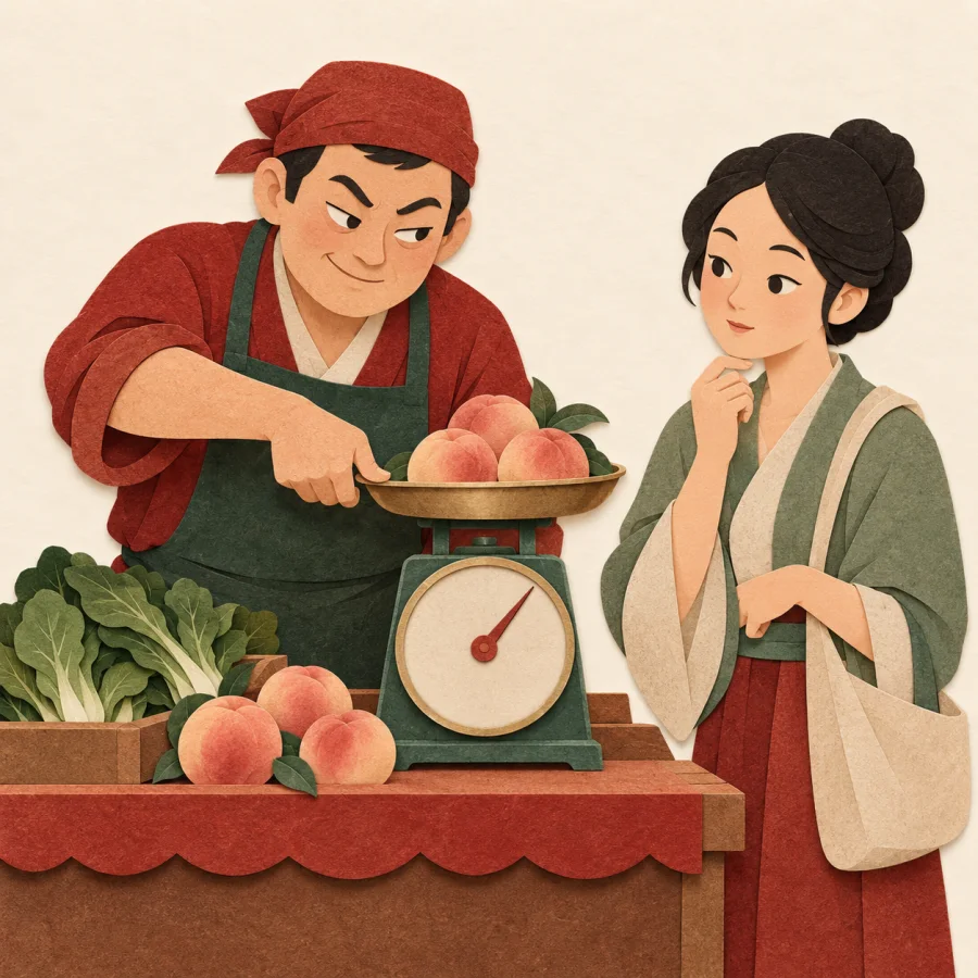 A vendor secretly presses a scale as a customer watches.