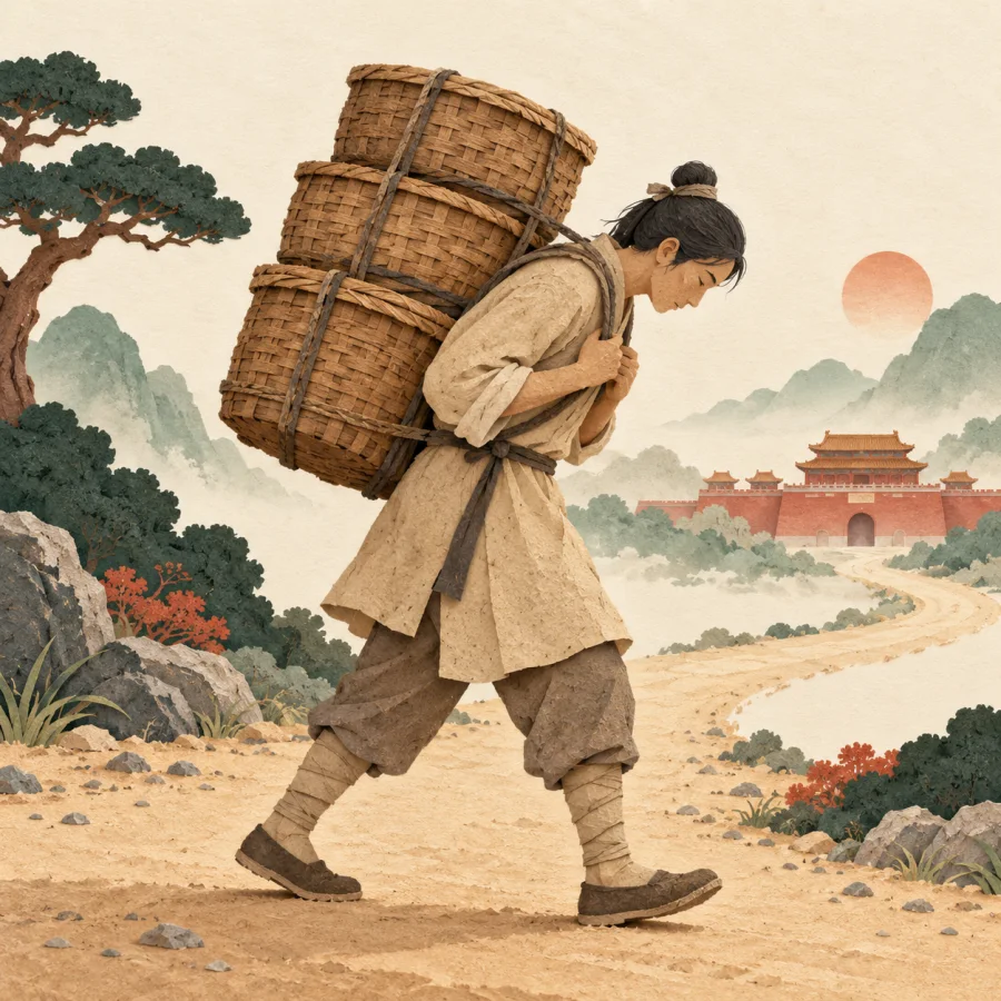 A person in a plain tunic carries a heavy stack of baskets.