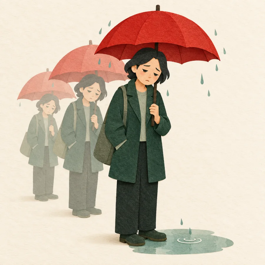 Eine müde Person mit einem Regenschirm