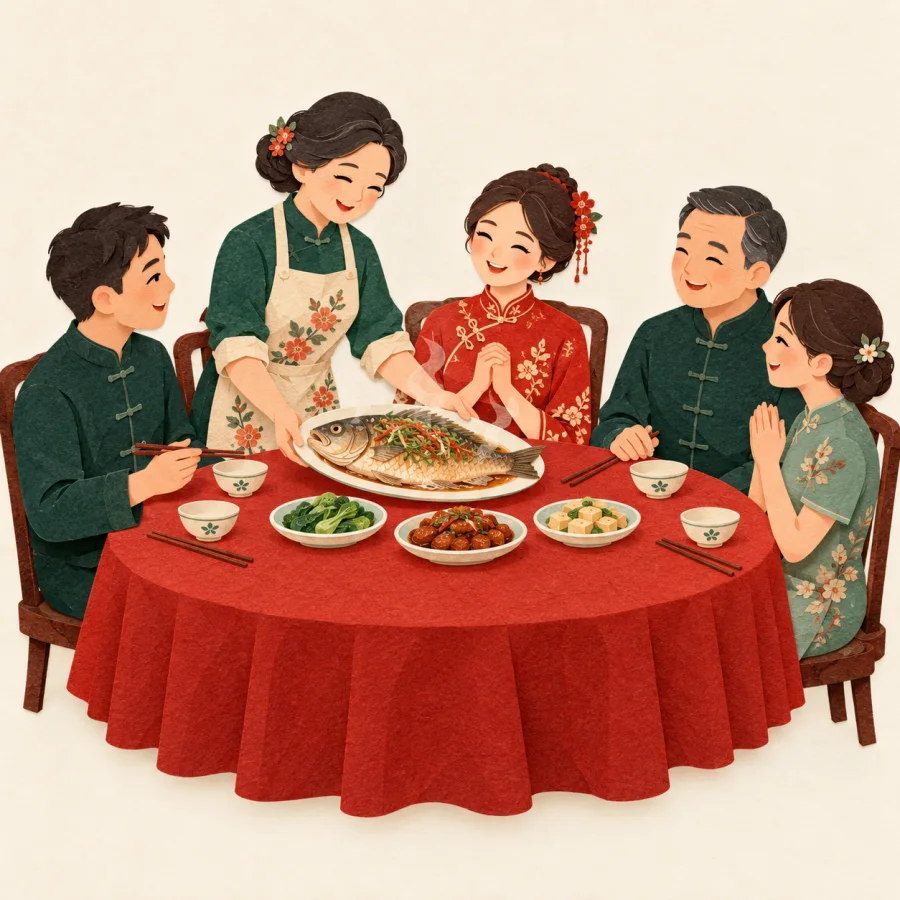 A bride's family at a round table as mother serves fish.