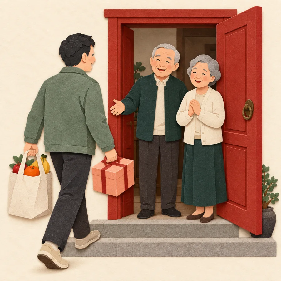 A man with gifts approaches an older couple at a red door.
