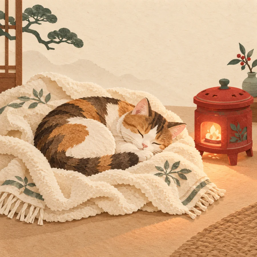 A cat curls on a blanket beside a glowing stove.