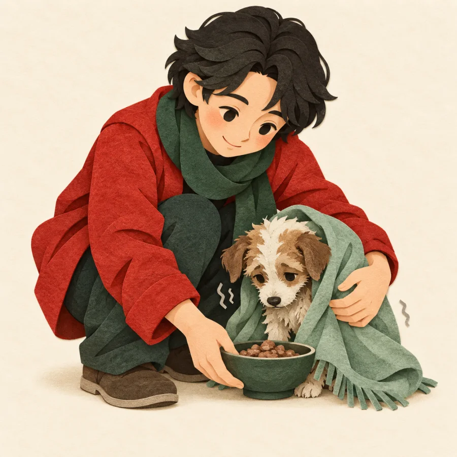 A kind person wraps a shivering puppy in a blanket.