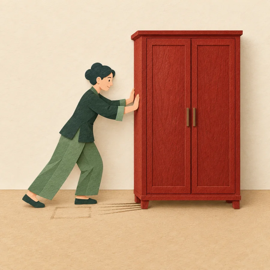 A person pushes a red wardrobe along a wall.