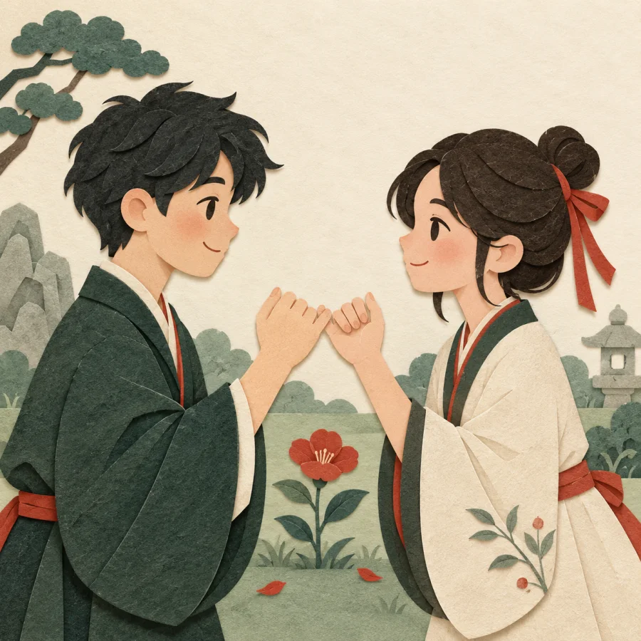Two people hook little fingers in a garden.