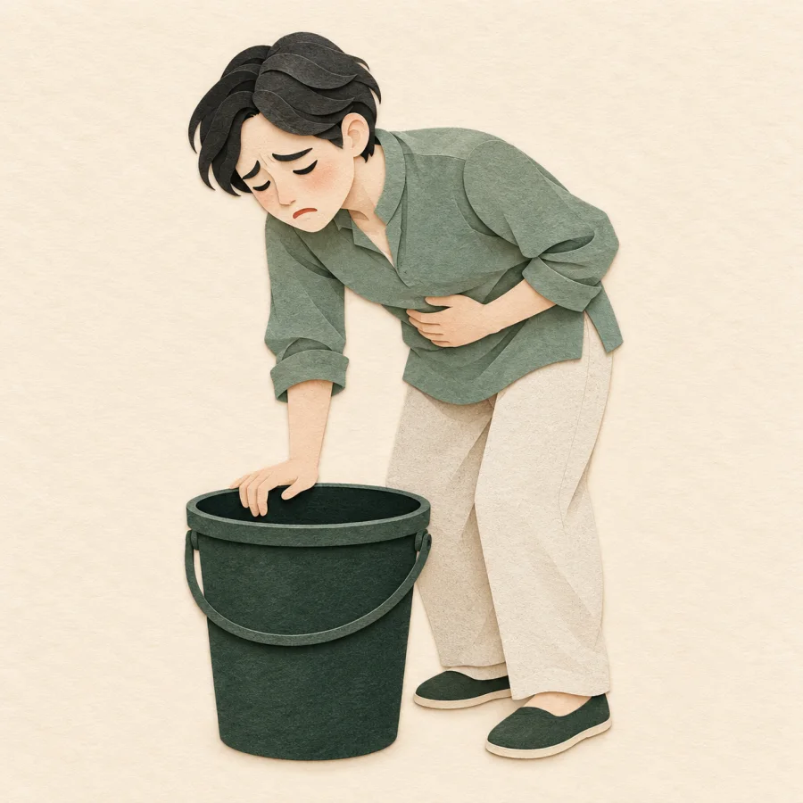 A pale person bends over a bucket, holding their stomach