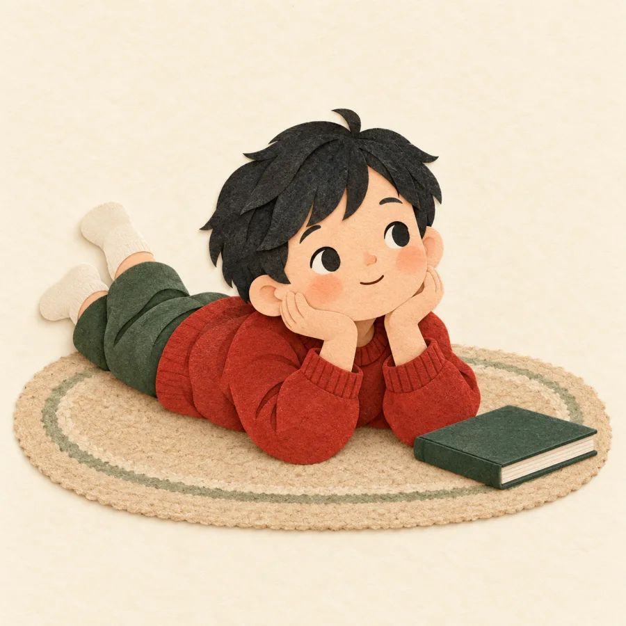 A child lies on their stomach on a rug beside a book