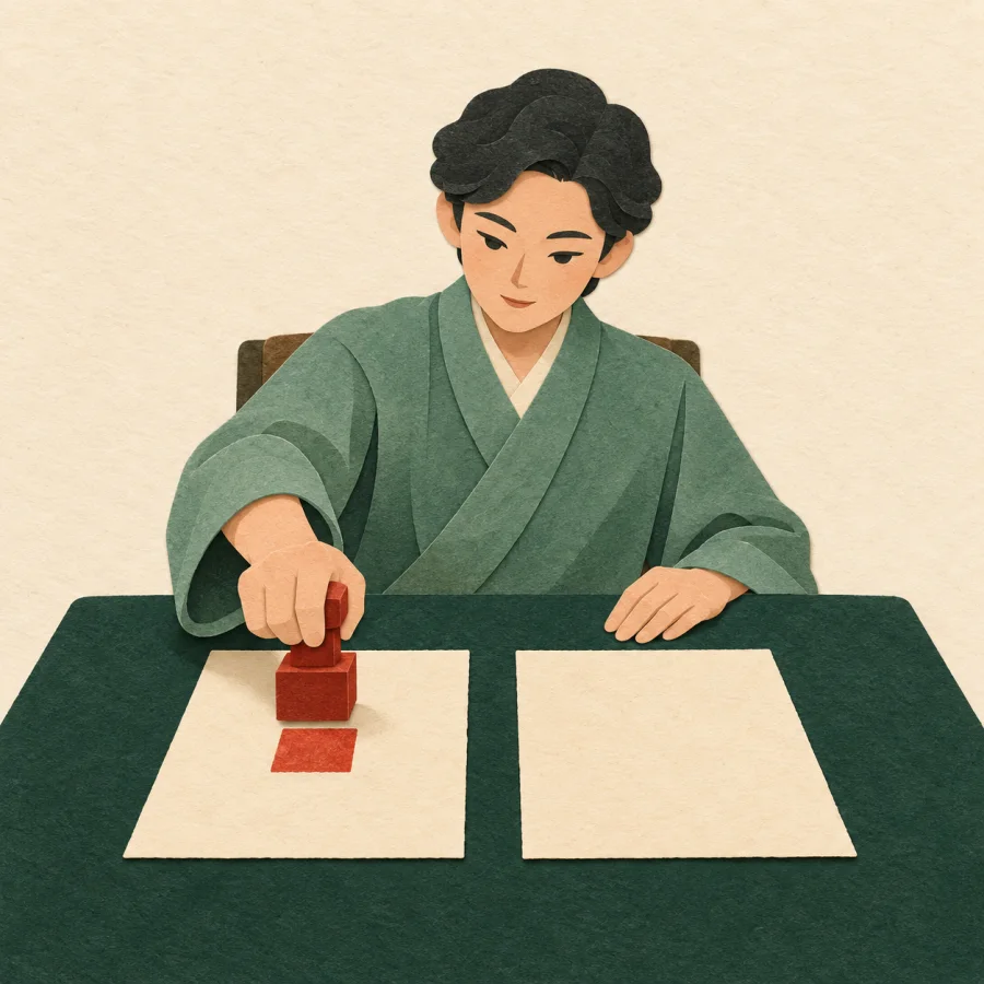 A person at a table stamps one of two papers with a red seal