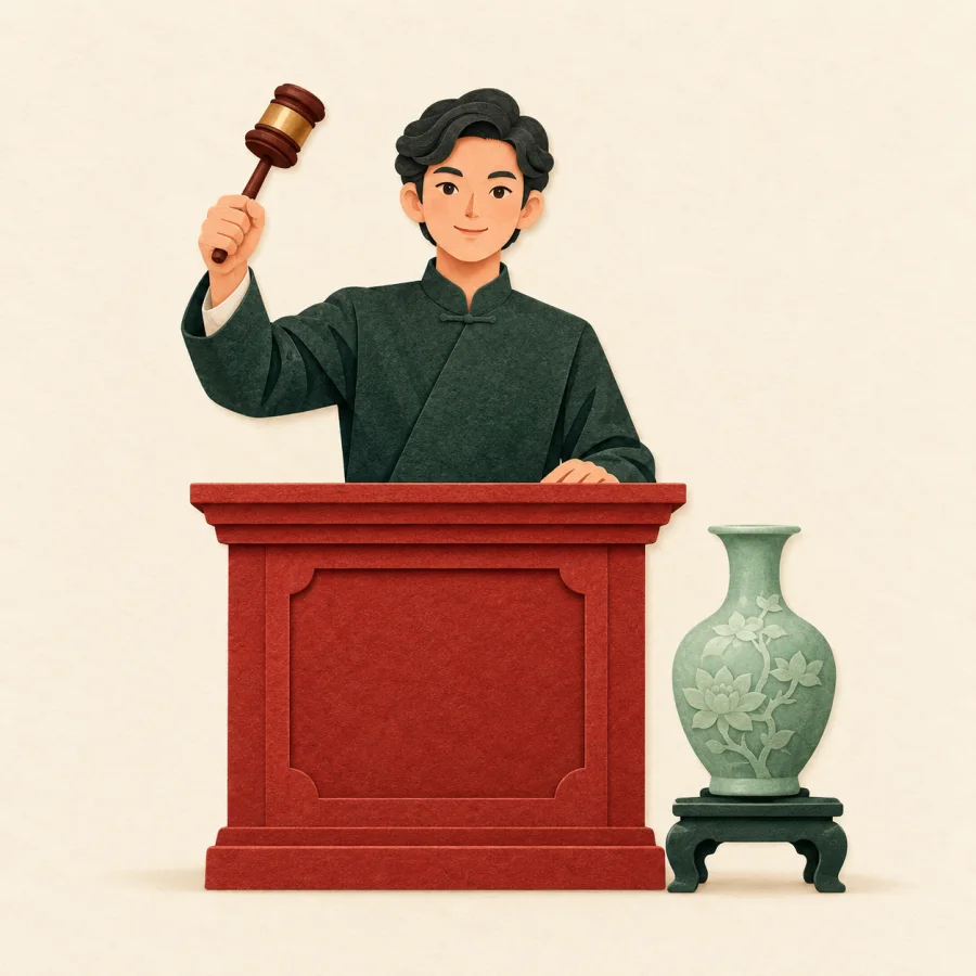 An auctioneer raises a gavel beside a jade vase on a stand