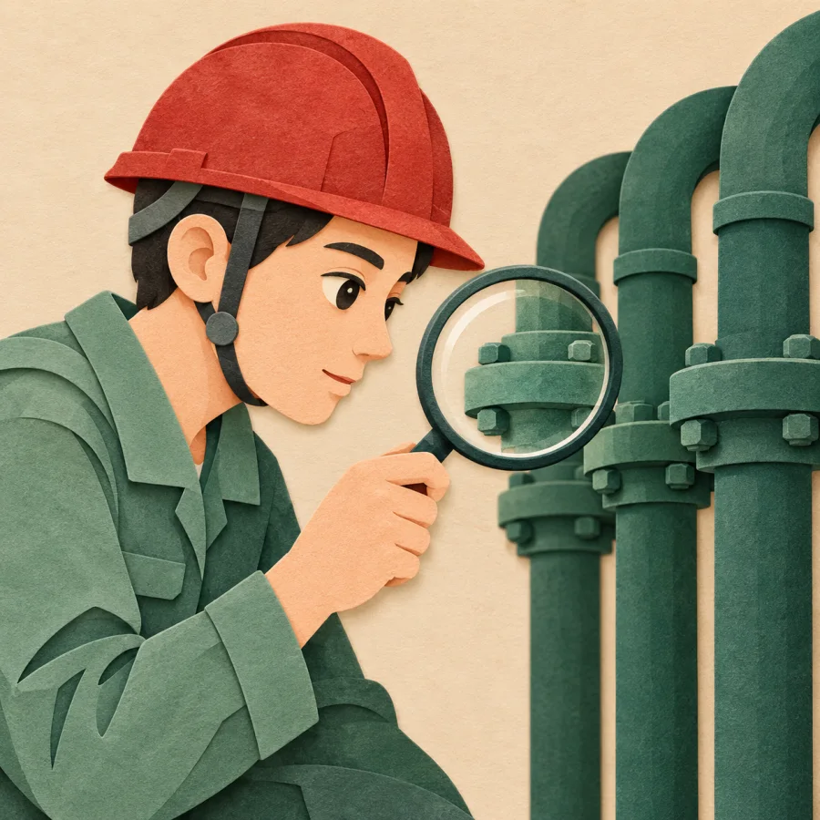 A person in a hard hat inspects pipes with a magnifying glass