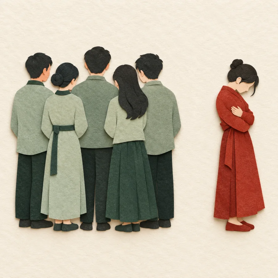 A group turns their backs on a lone person standing apart