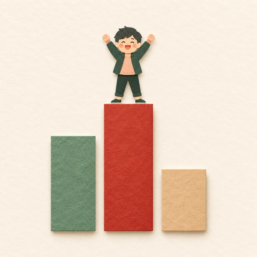 Three bars of different heights with a person cheering on the tallest