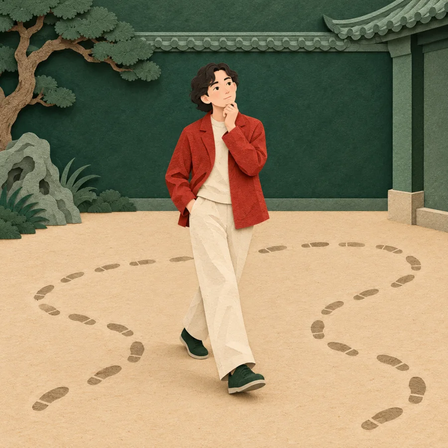 A person paces a courtyard, looping footprints behind them