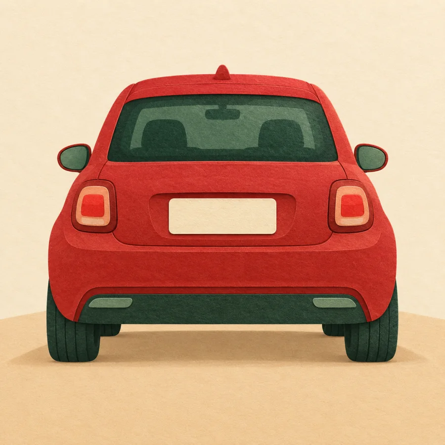 A red car seen from behind with a blank licence plate