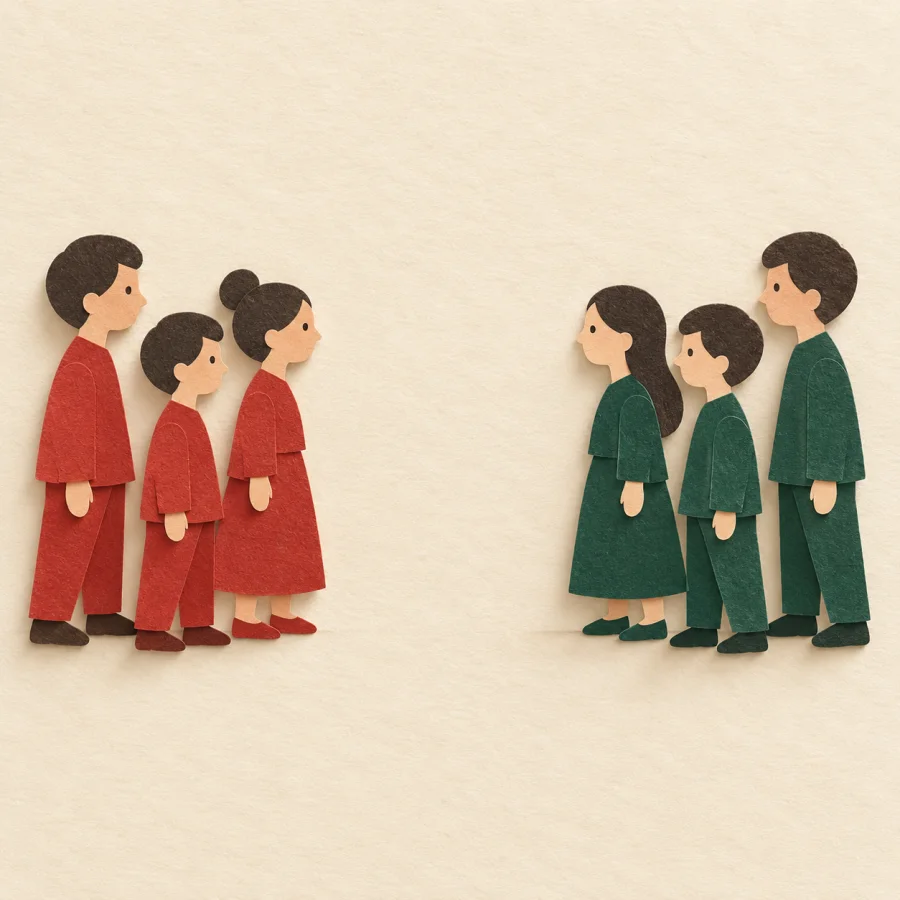 Two groups of figures, red and green, face each other