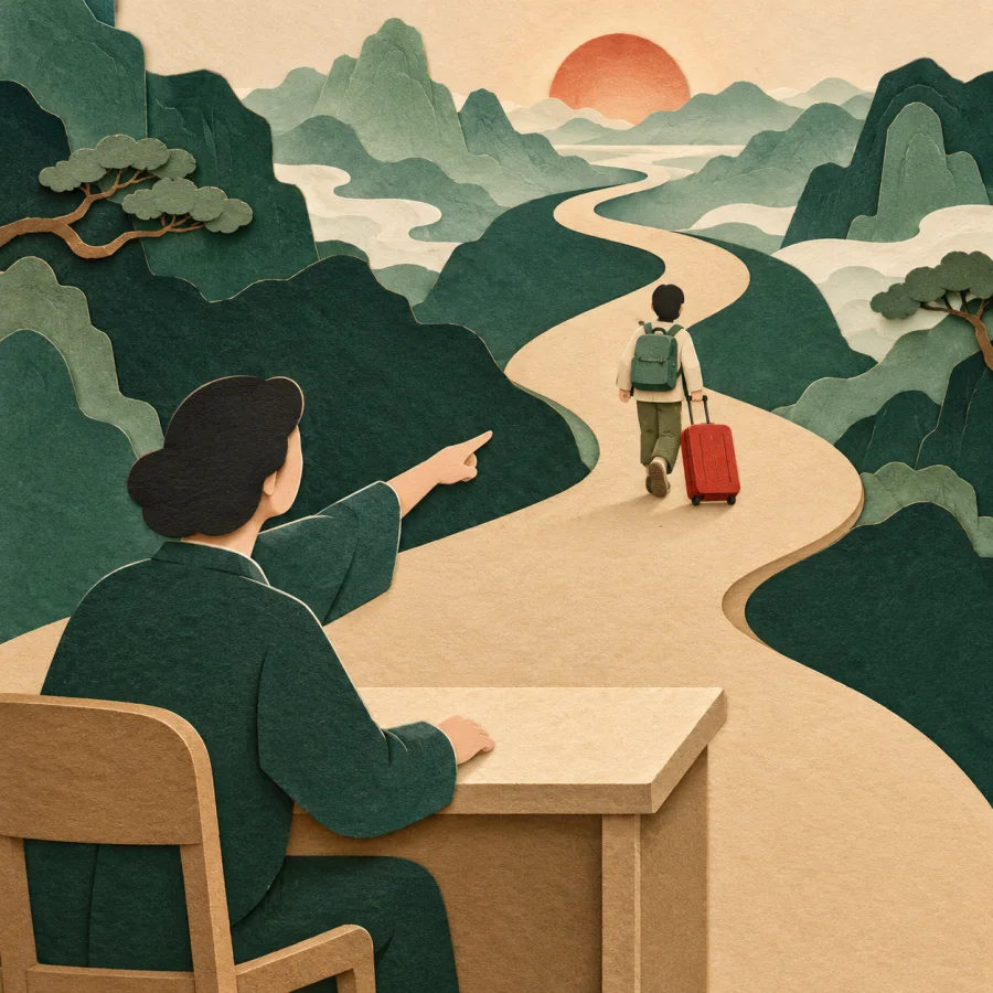 A person points a traveler with a suitcase down a long road