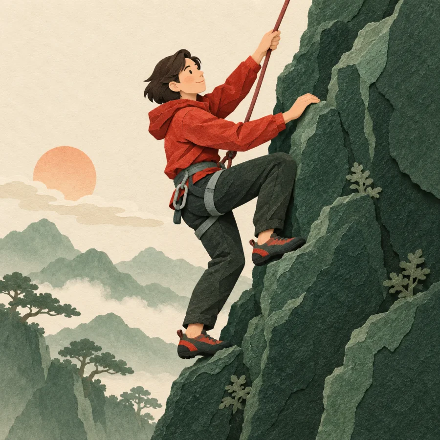 A person in a red jacket scrambles up a rock face with a rope