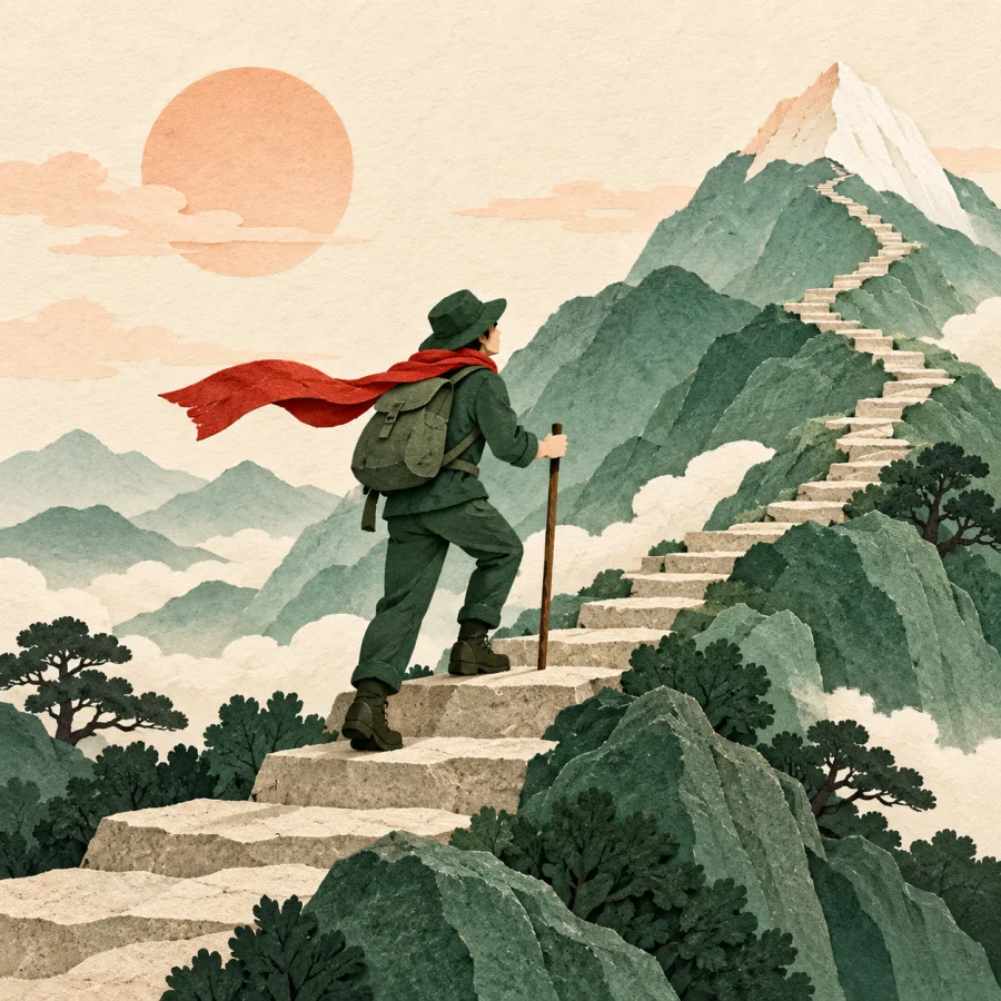 A hiker with a stick climbs a mountain trail toward the peak
