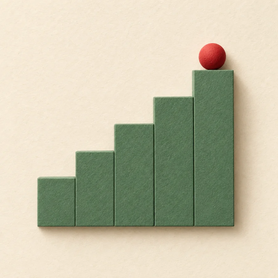 A staircase of five rising bars with a red ball on top