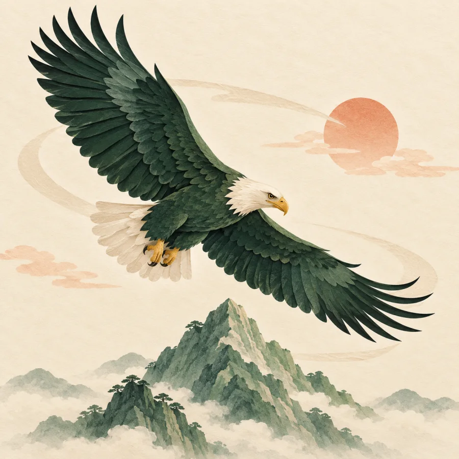 An eagle circles in a spiral above a green mountain peak